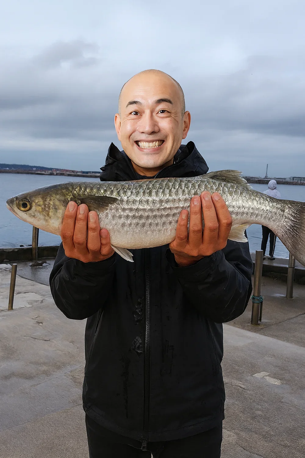 江ノ島裏磯船付き場でボラを釣ったがんだま君