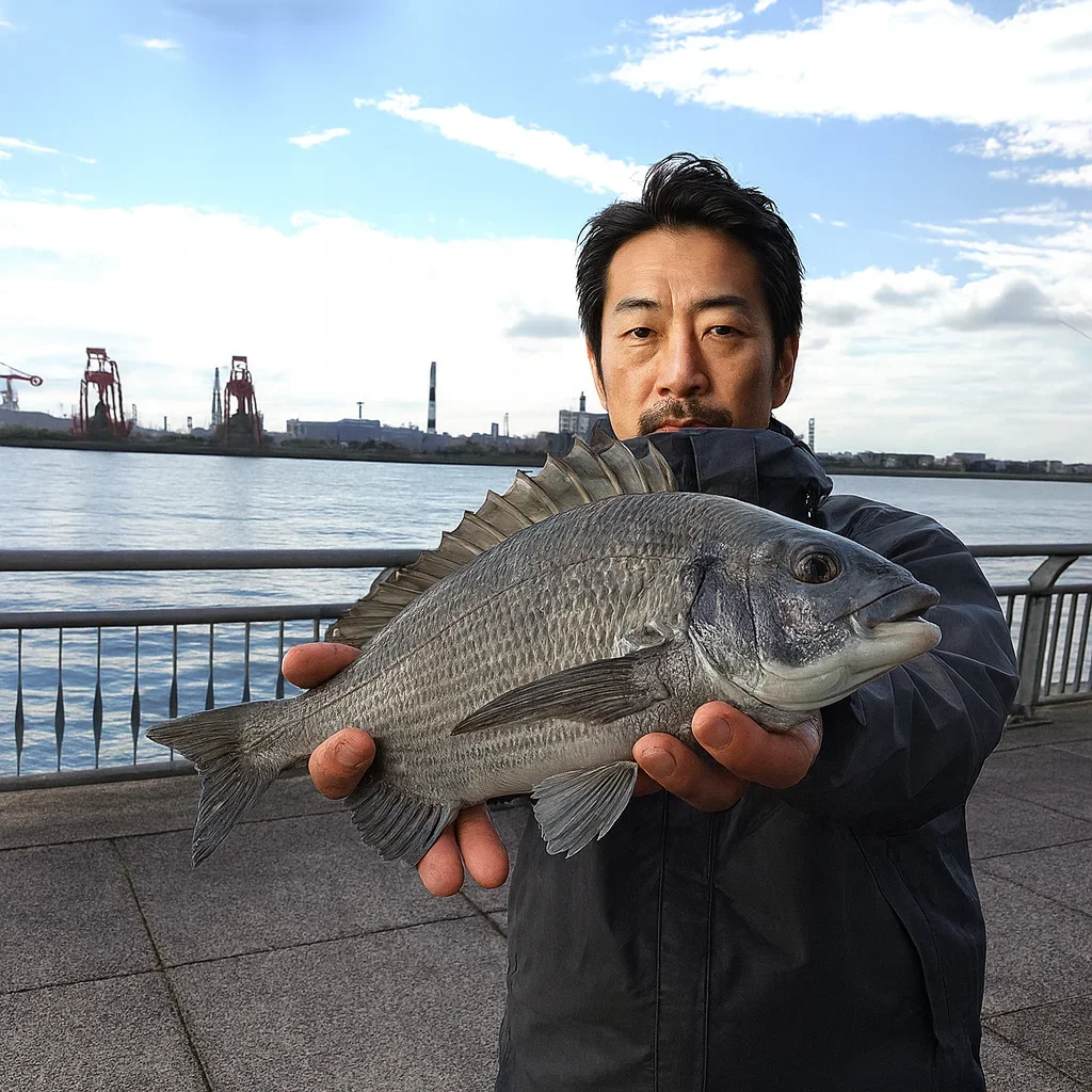 東扇島西公園で黒鯛の釣果を得た佐々木