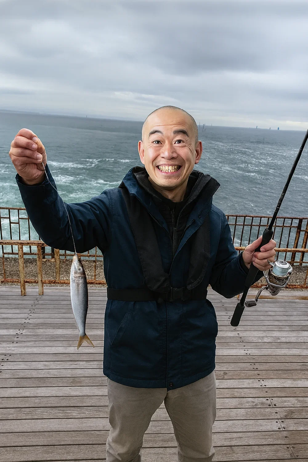 江ノ島湘南大堤防でイワシを釣ったがんだま君