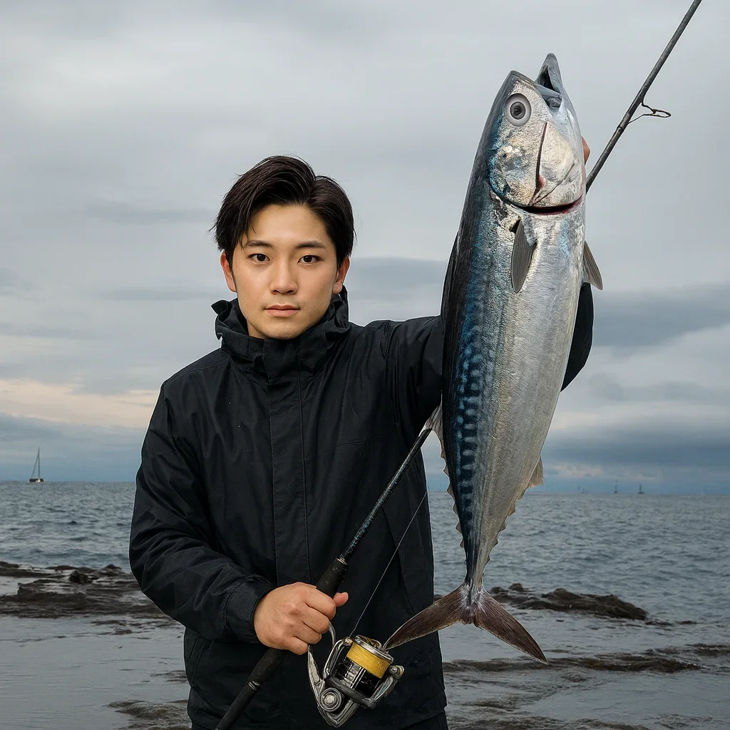 江ノ島裏磯ボラ場でソウダガツオを釣った男性