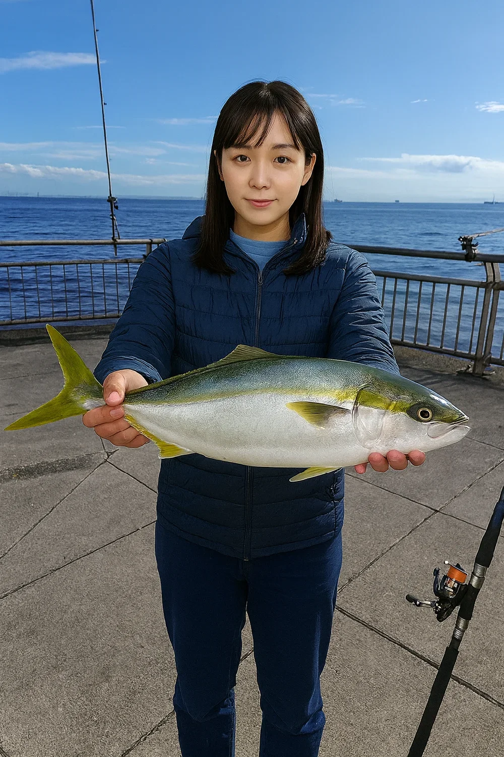 東扇島西公園でイナダの釣果を得た女性