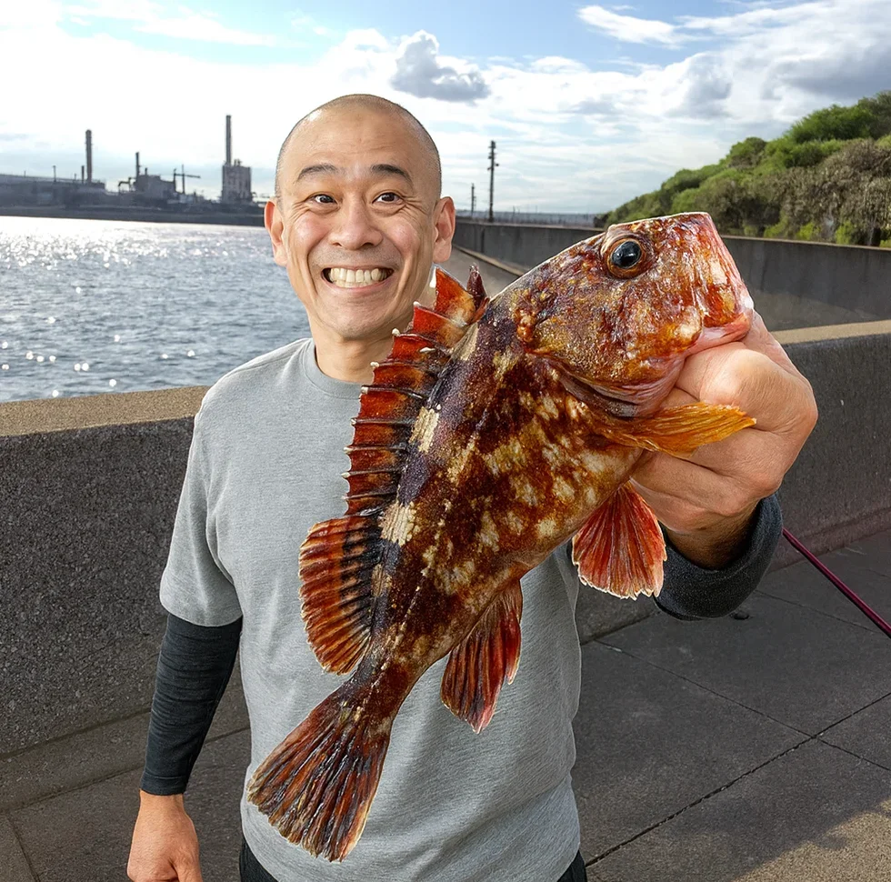 東扇島西公園でカサゴを釣ったがんだま君