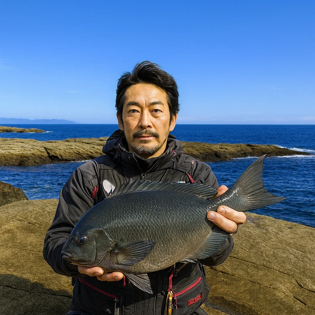 江ノ島表磯水道口付近でメジナの釣果を得た佐々木