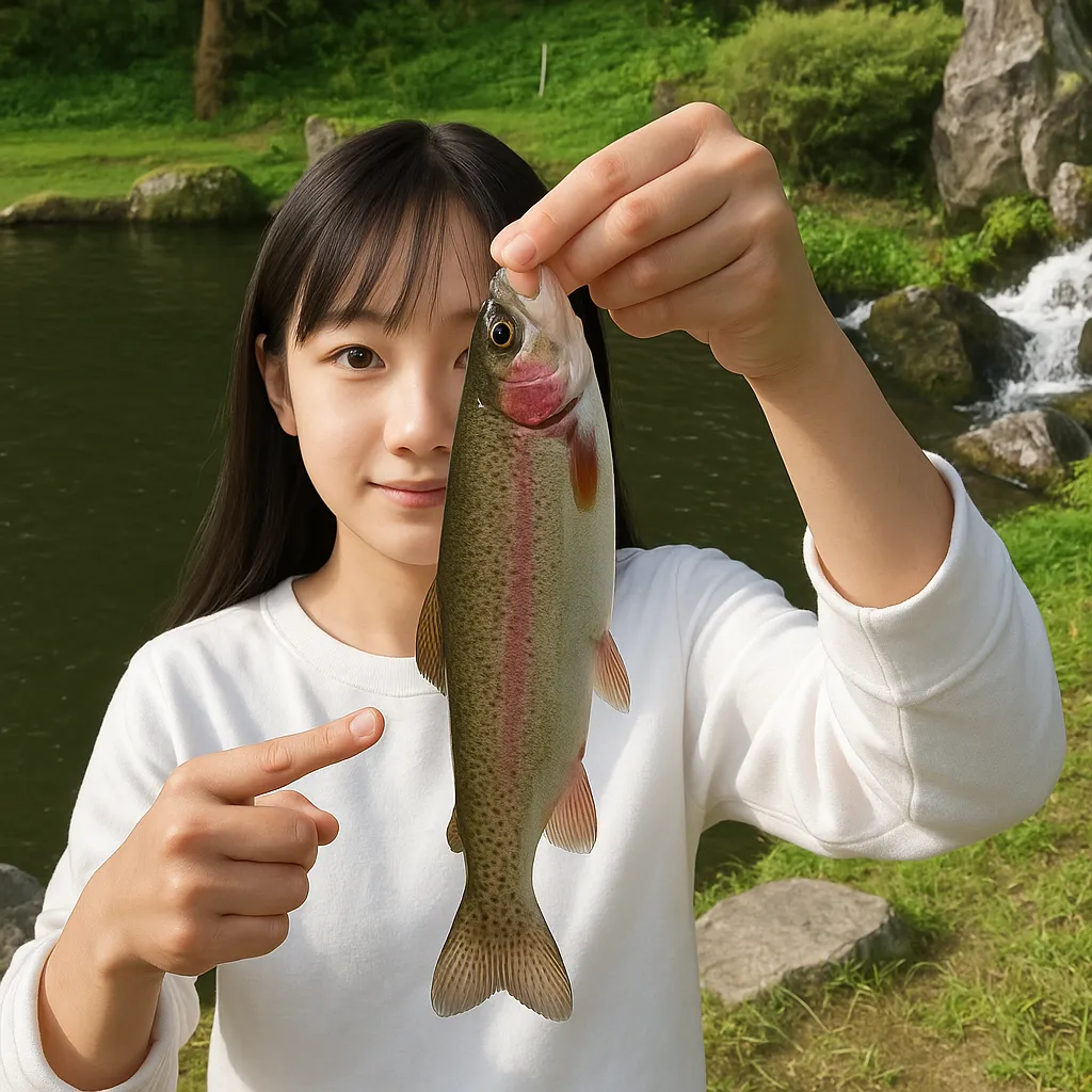 あづま養魚場でニジマスの釣果を得た国生.webp
