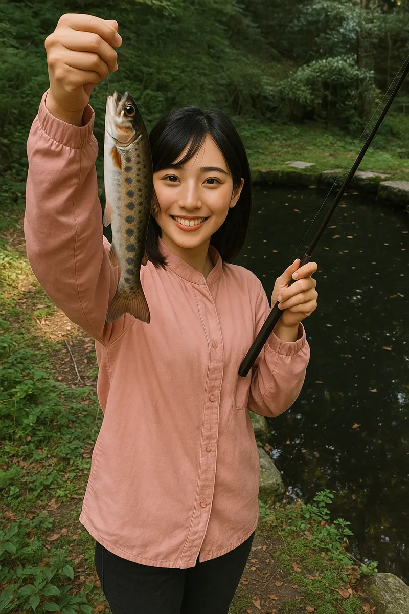 あづま養魚場でヤマメの釣果を得た黒川.webp