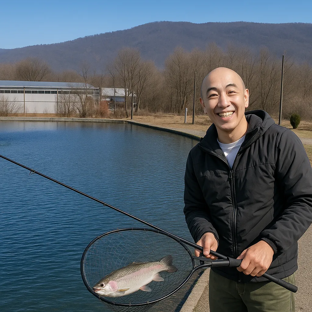 あづみ野フィッシングセンターでニジマスの釣果を得たがんだま君.webp