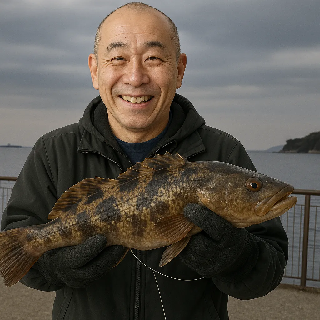 うみかぜ公園でアイナメの釣果を得たがんだま君.webp