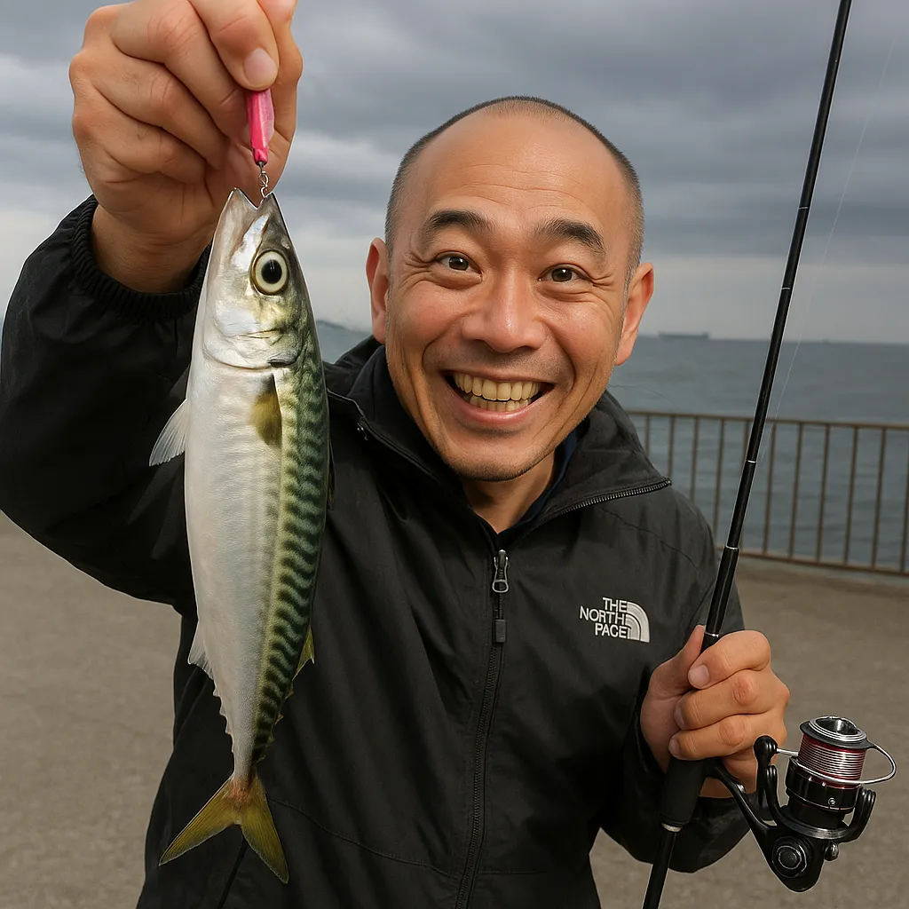 うみかぜ公園でサバの釣果を得たがんだま君.webp