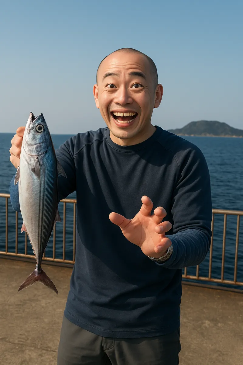 うみかぜ公園でソウダガツオの釣果を得たがんだま君.webp