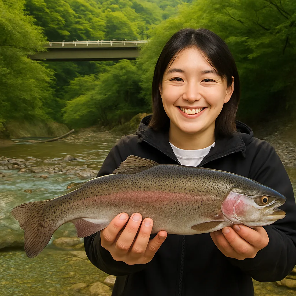 うらたんざわ渓流釣場でニジマスの釣果を得た森永.webp