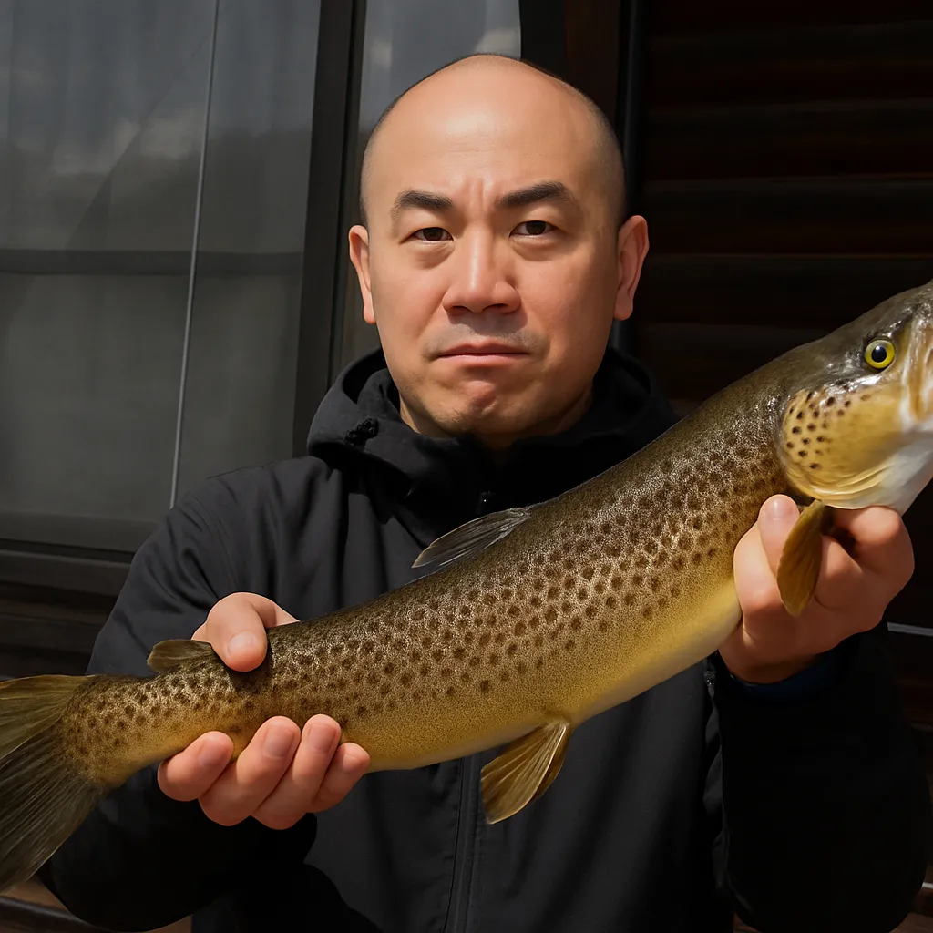 おくとねフィッシングパークでブラウントラウトの釣果を得たがんだま君.webp