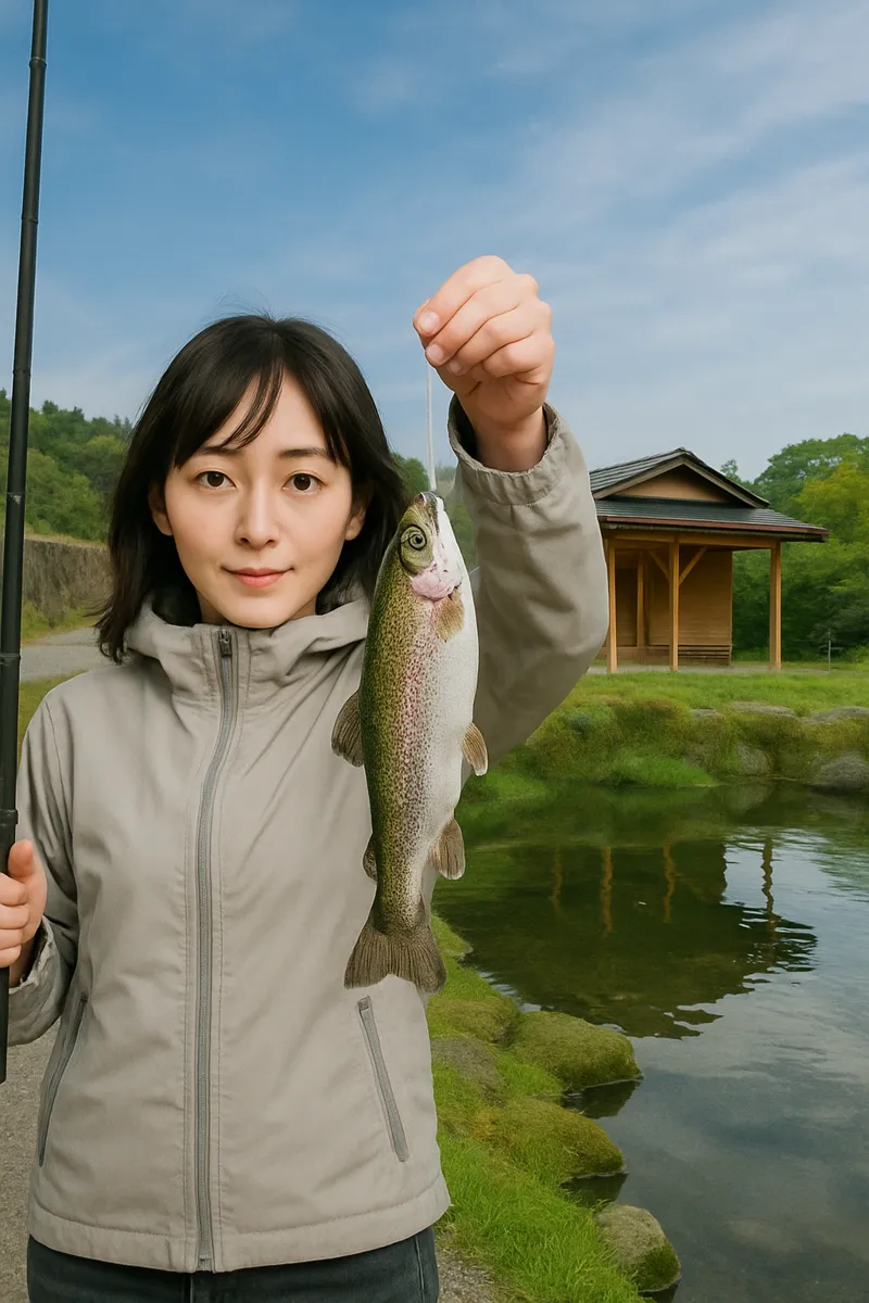 くぬぎ養鱒場でニジマスの釣果を得た女性.webp