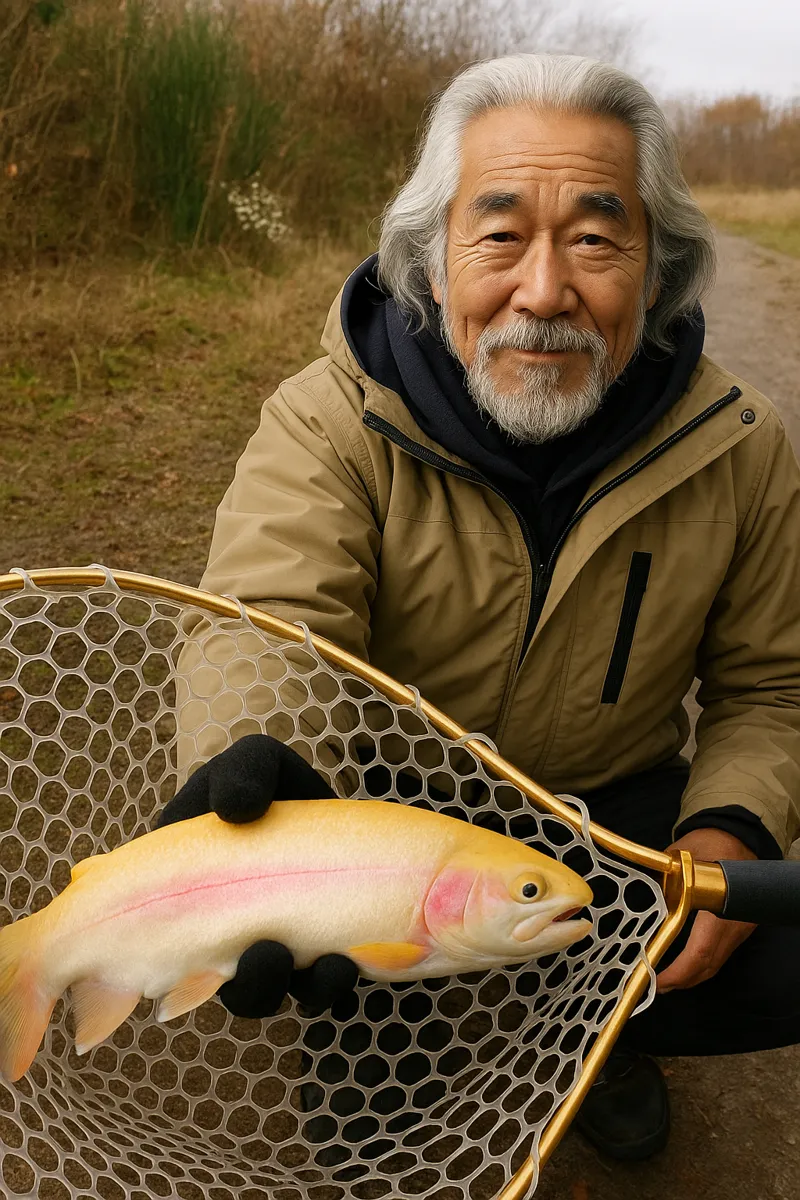 つりぼりあかしでアルビノニジマスの釣果を得た米田.webp