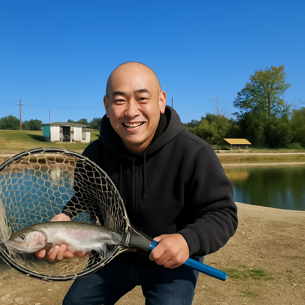 なら山沼漁場でニジマスの釣果を得たがんだま君.webp