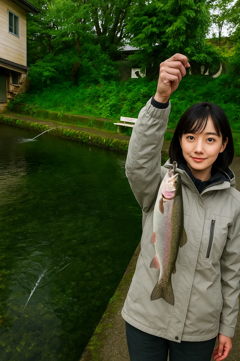 はこね宮城野国際ます釣場でニジマスの釣果を得た国生.webp