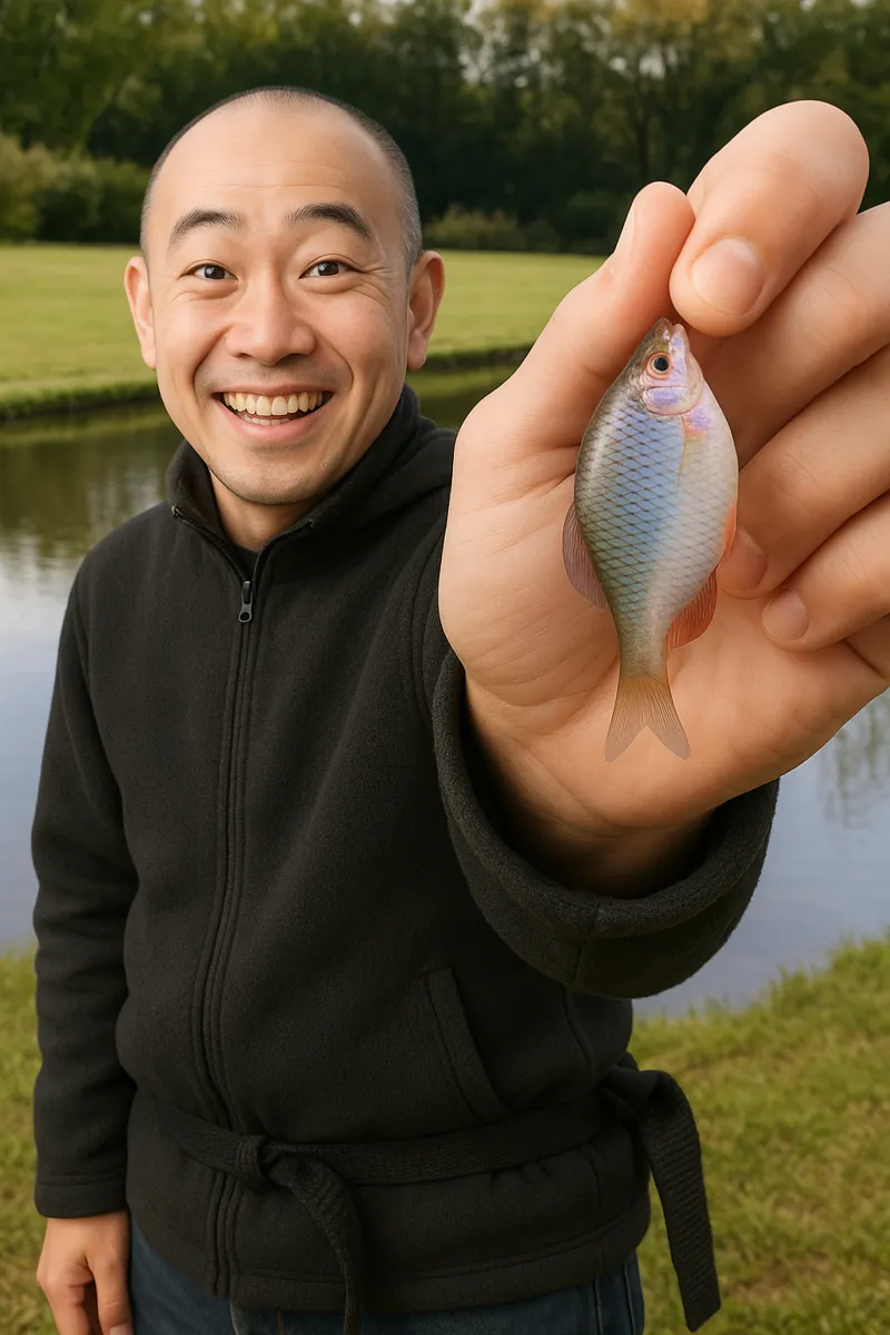 びん沼でタナゴの釣果を得たがんだま君.webp