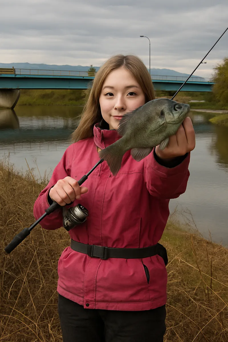 びん沼でブルーギルの釣果を得た女性.webp