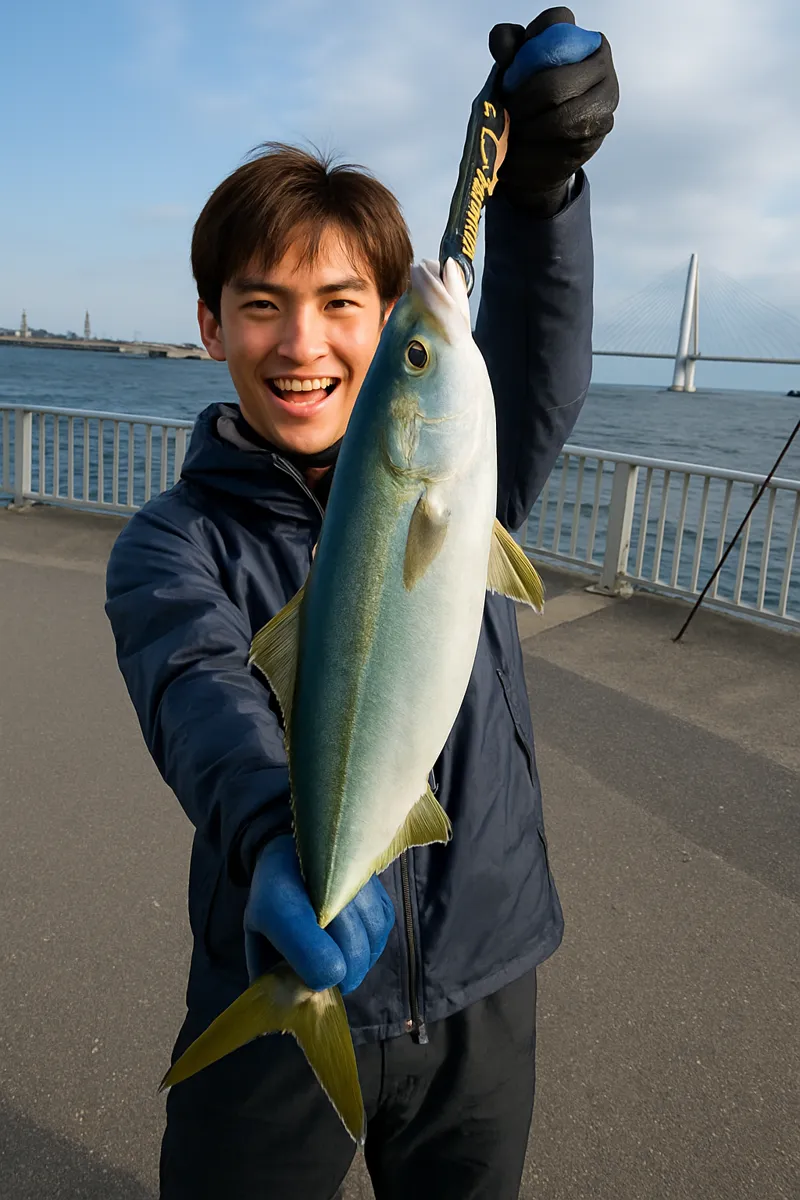 ふれーゆ裏でイナダの釣果を得た男性.webp