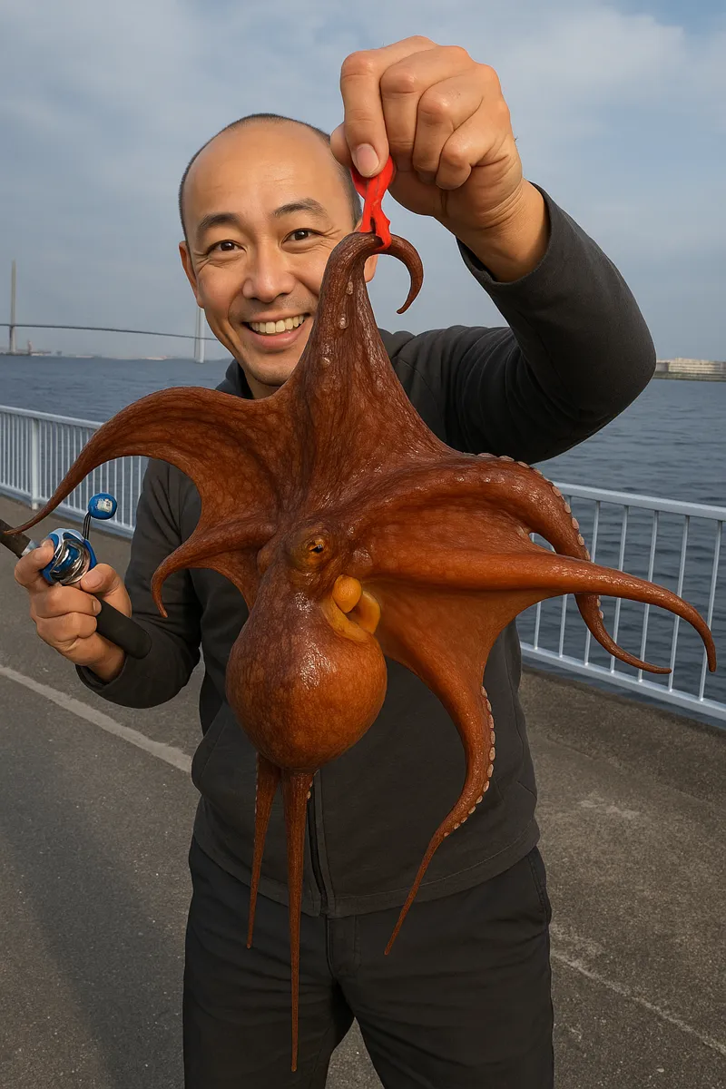 ふれーゆ裏でタコの釣果を得たがんだま君.webp