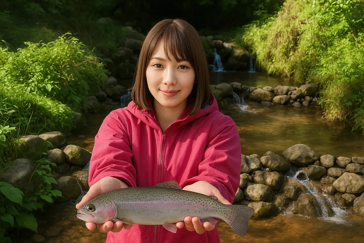 みのげマス釣りセンターでニジマスの釣果を得た山際.webp