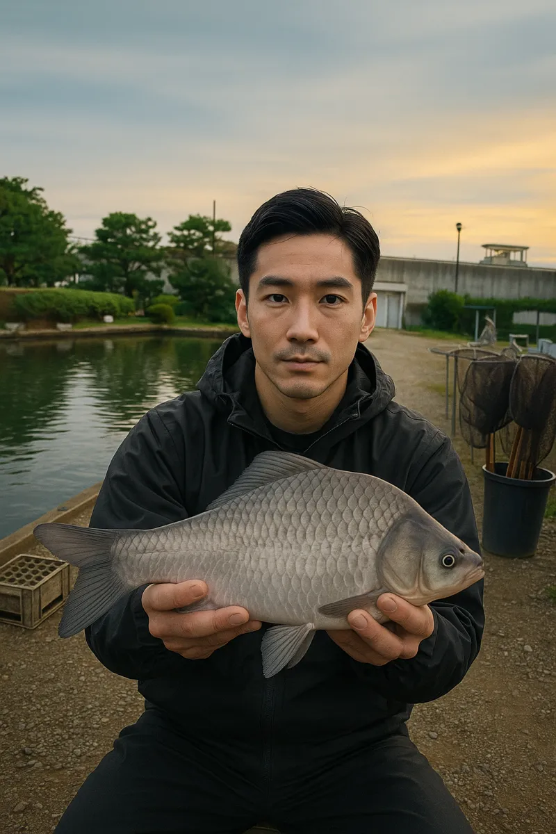 やま喜フィッシングセンターでヘラブナの釣果を得た勝田.webp