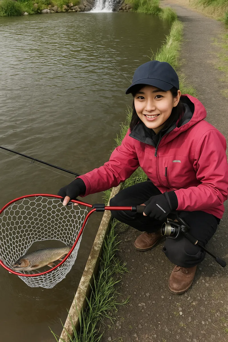 アクアヘブンでイワナの釣果を得た女性.webp