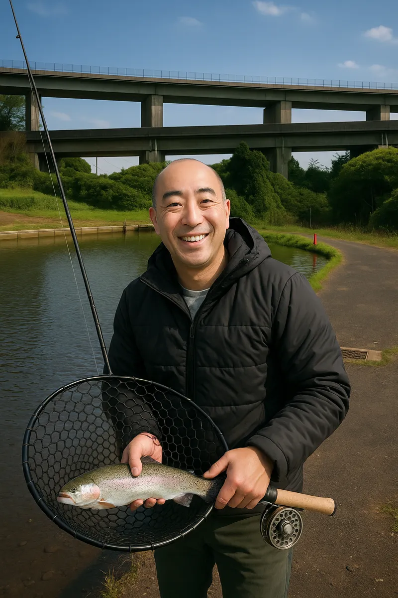 アクアヘブンでニジマスの釣果を得たがんだま君.webp