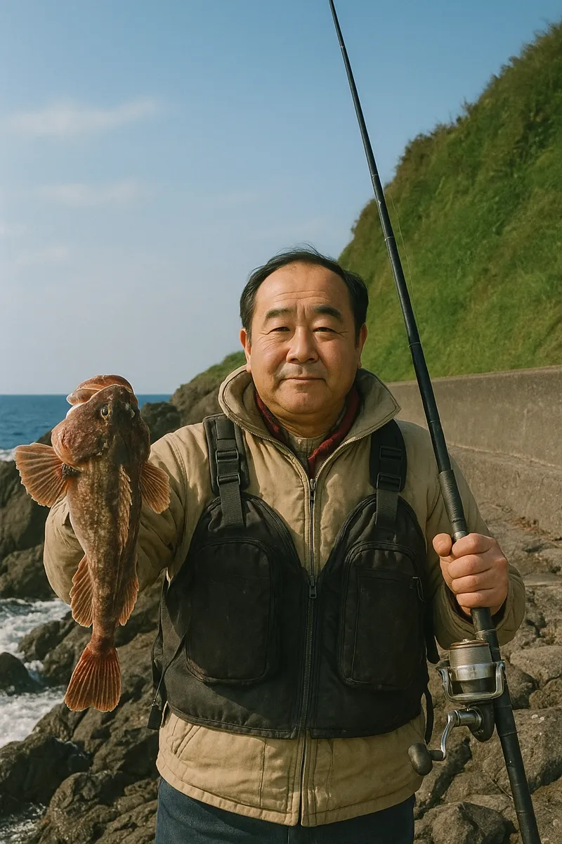 アルトリ岬でカジカの釣果を得た持田.webp