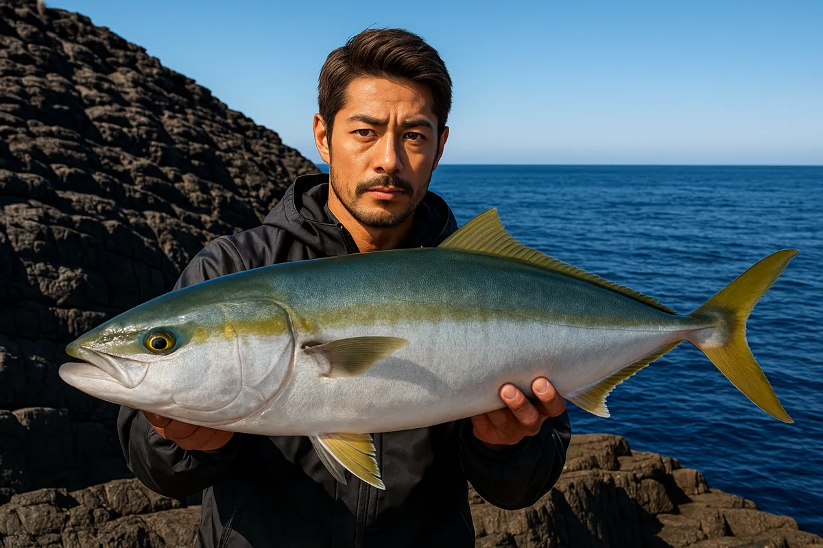 ウトロ三角岩でブリの釣果を得た広岡.webp