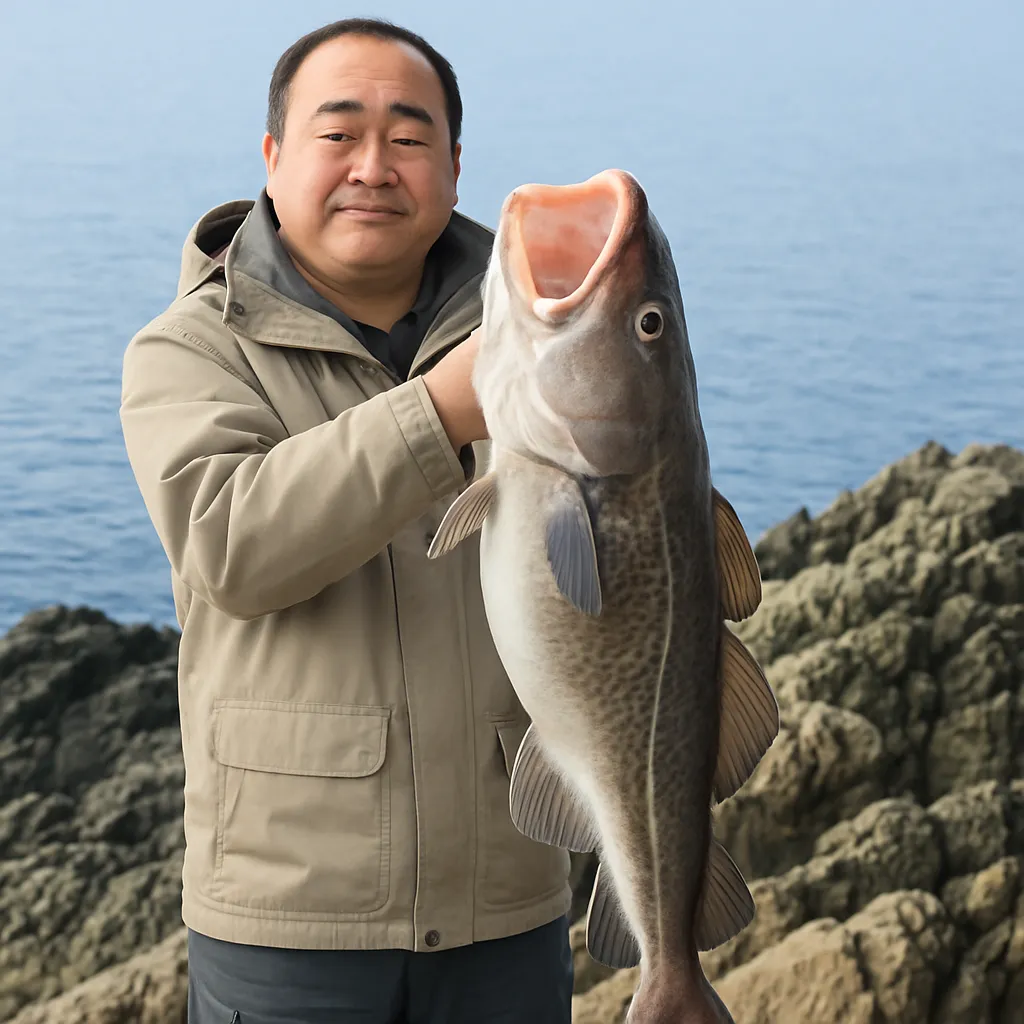 ウトロ三角岩でマダラの釣果を得た持田.webp