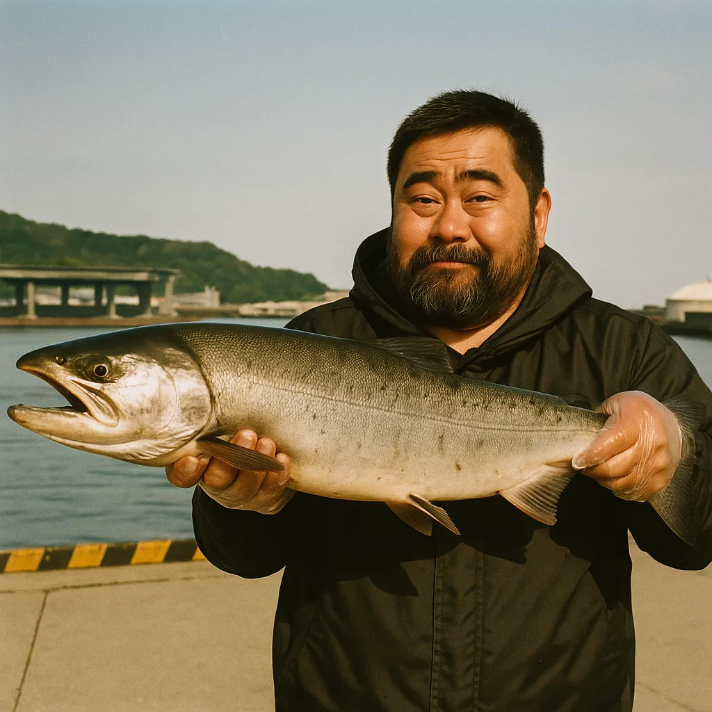 ウトロ漁港でサケの釣果を得た楢崎.webp