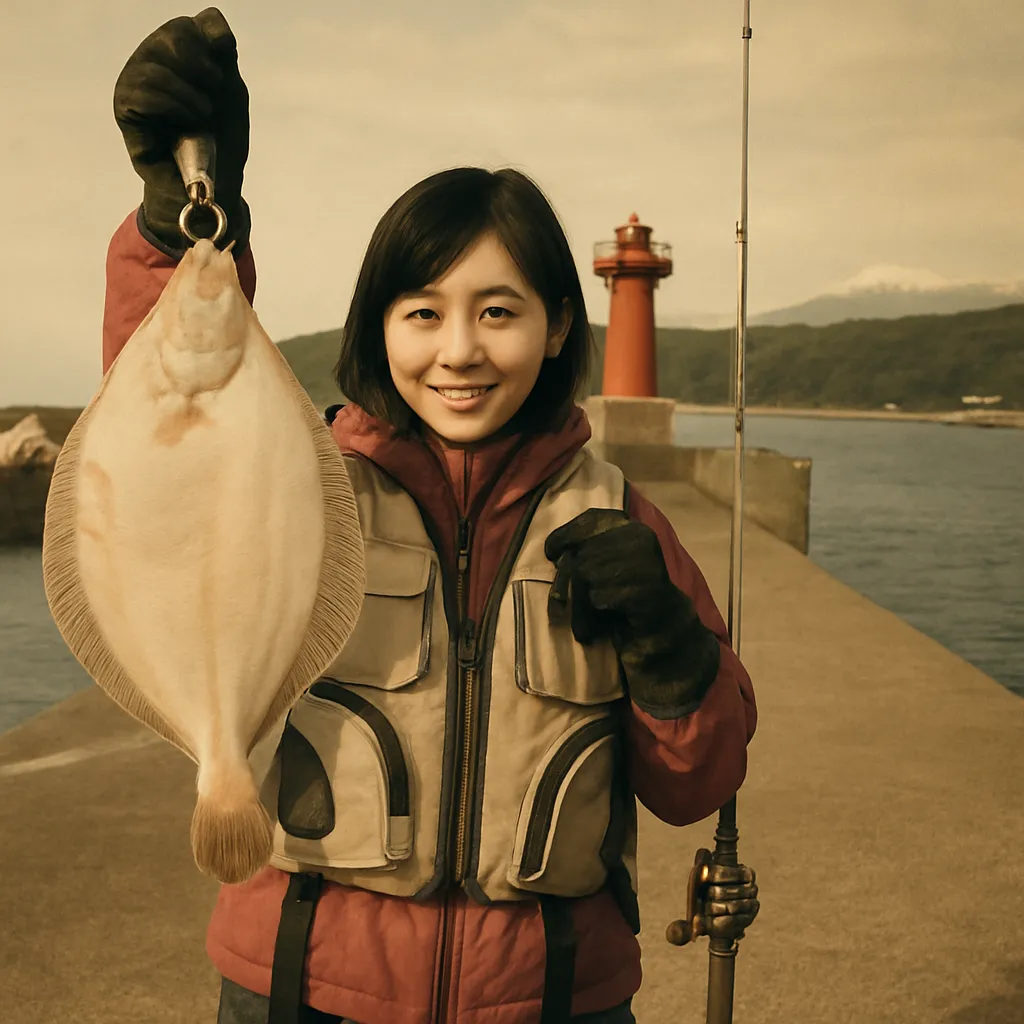 ウトロ漁港でマガレイの釣果を得た女性.webp