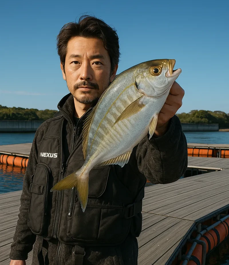 カタタの釣堀でシマアジの釣果を得た佐々木.webp