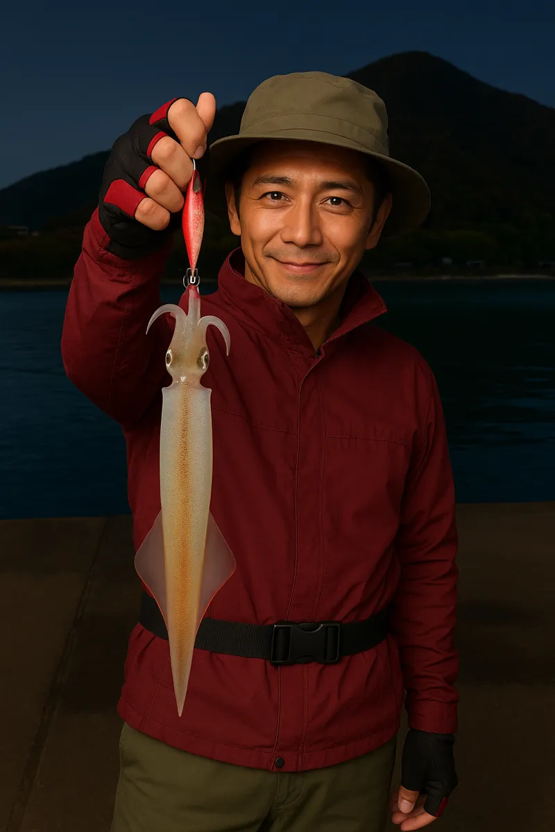 カブト盃漁港でヤリイカの釣果を得た亀岡.webp
