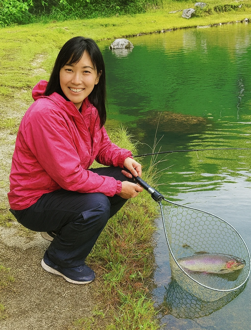 ガリバーフィッシングガーデンでニジマスの釣果を得た女性.webp