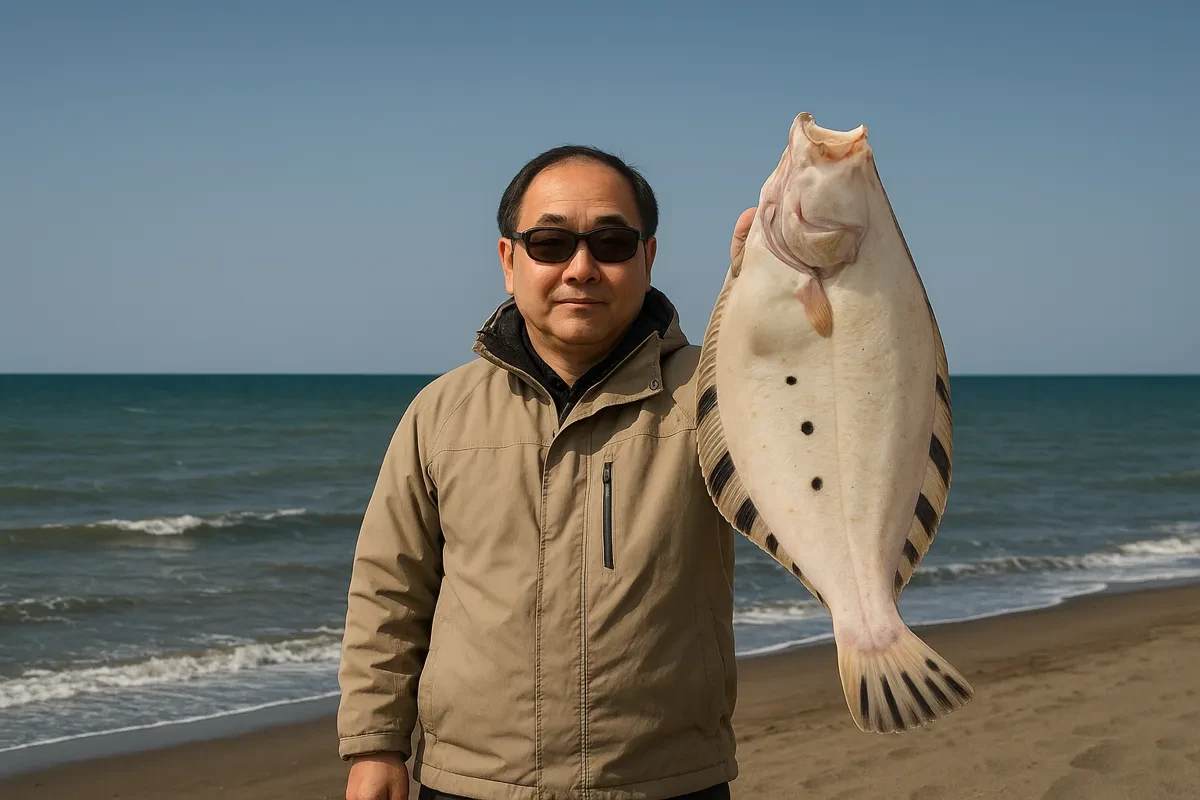 シノダイ岬でマツカワガレイの釣果を得た持田.webp