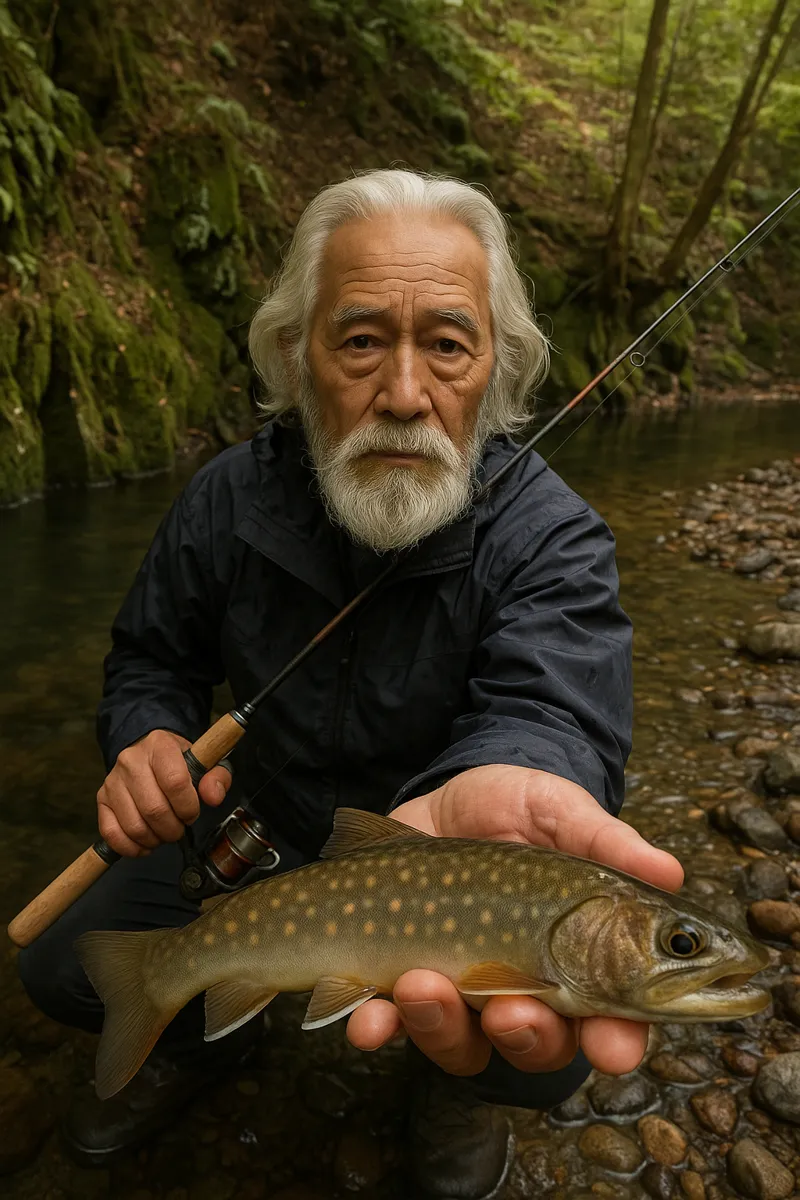 シャロムの森でイワナの釣果を得た米田.webp