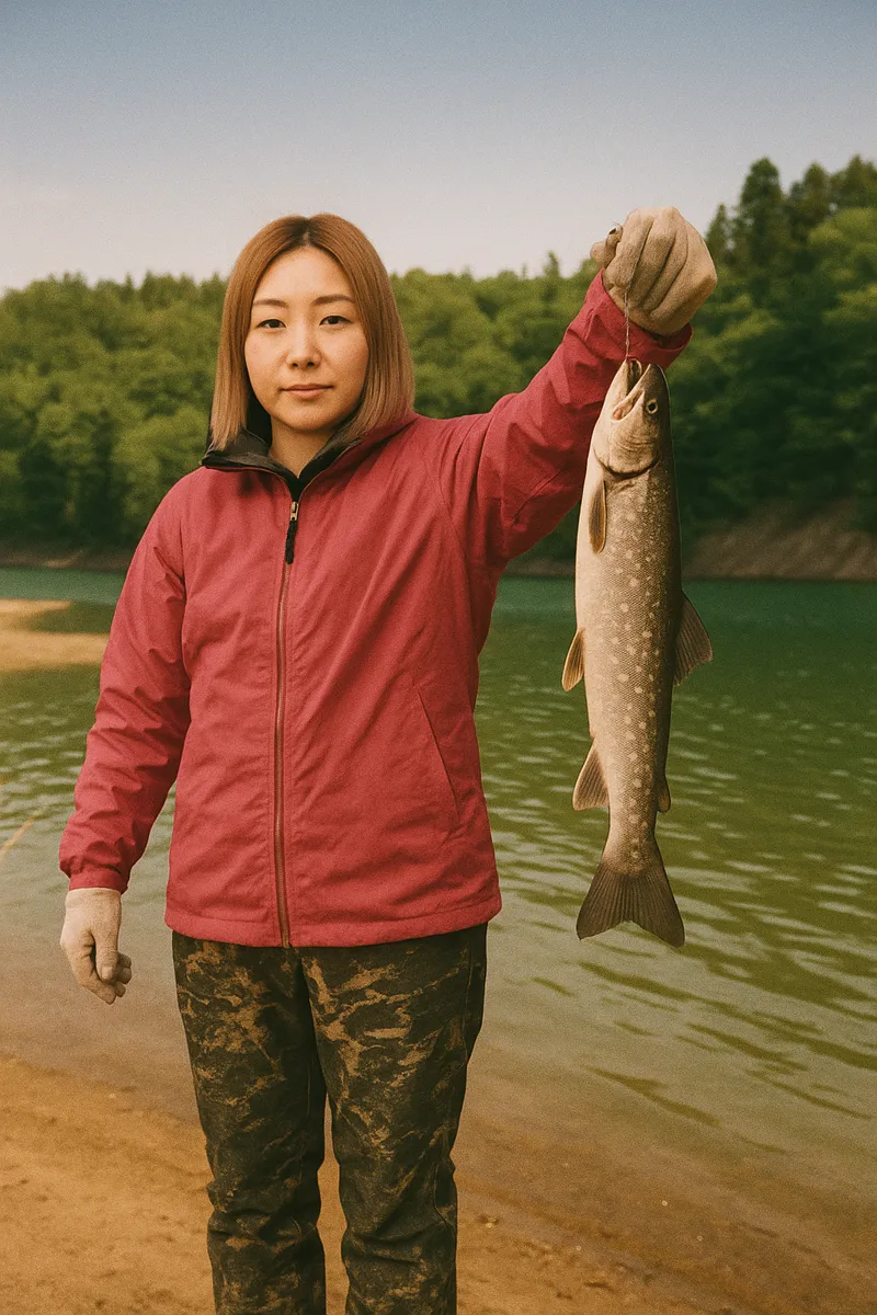 シューパロ湖でアメマスの釣果を得た女性.webp