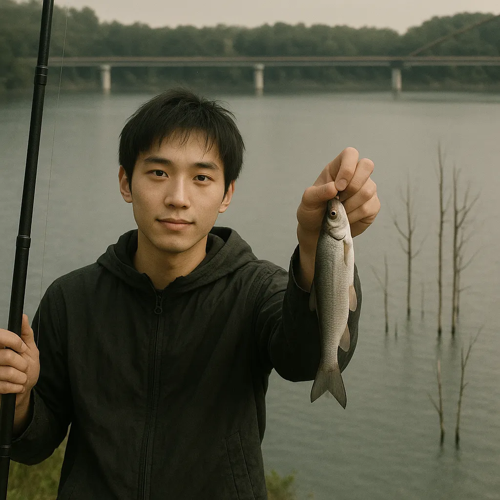 シューパロ湖でウグイの釣果を得た男性.webp