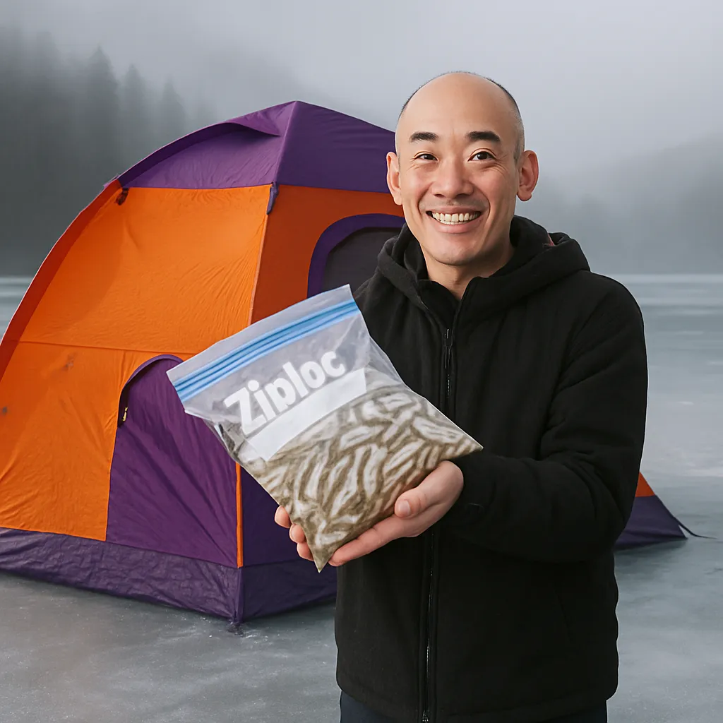 チミケップ湖でワカサギの釣果を得たがんだま君.webp