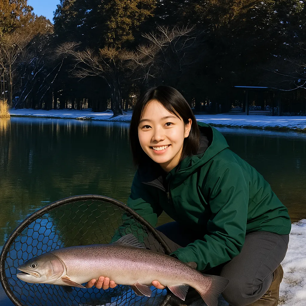 ハーブの里でイトウの釣果を得た森永.webp
