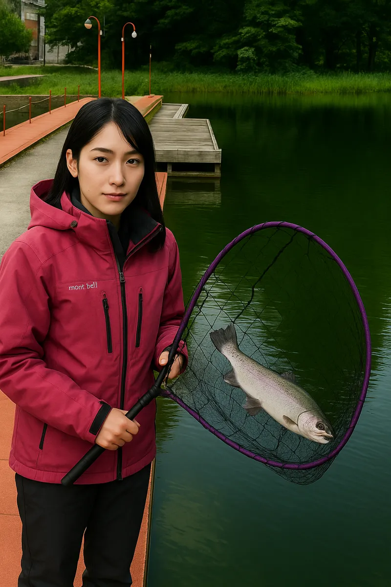 ハーブの里でニジマスの釣果を得た女性.webp