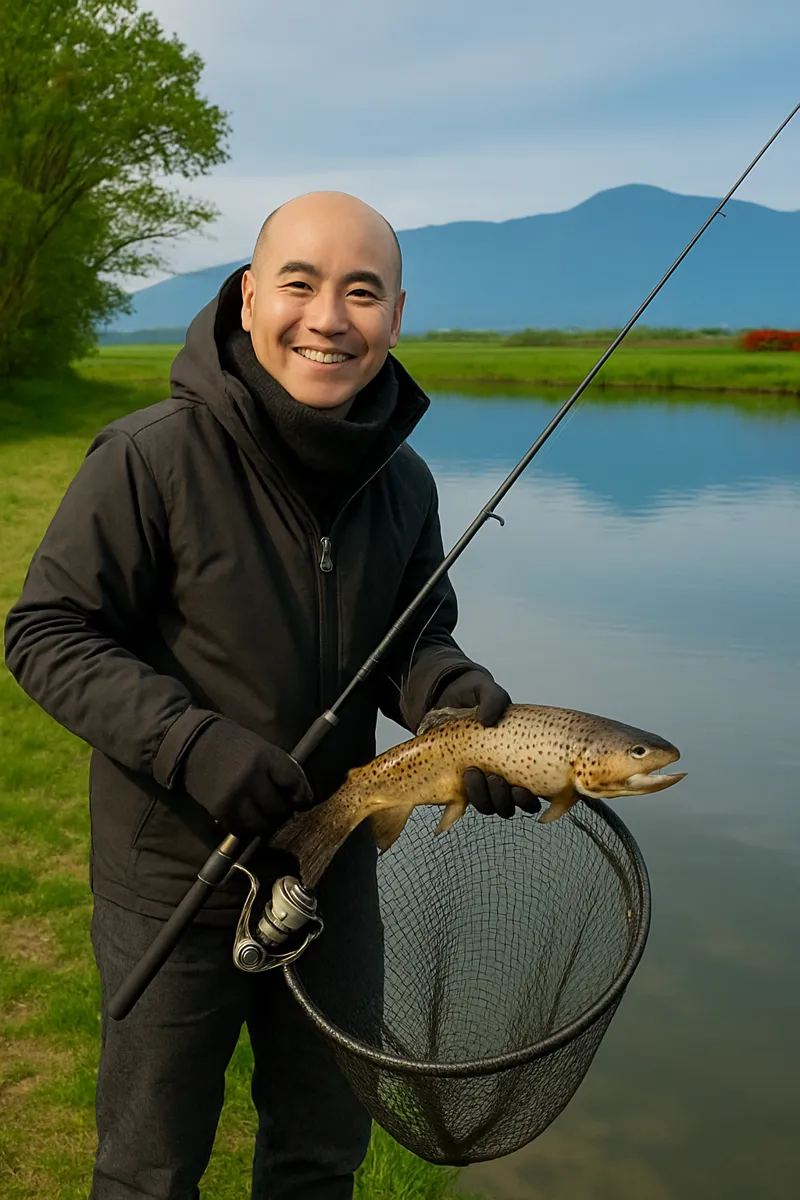 ハーブの里でブラウントラウトの釣果を得たがんだま君.webp