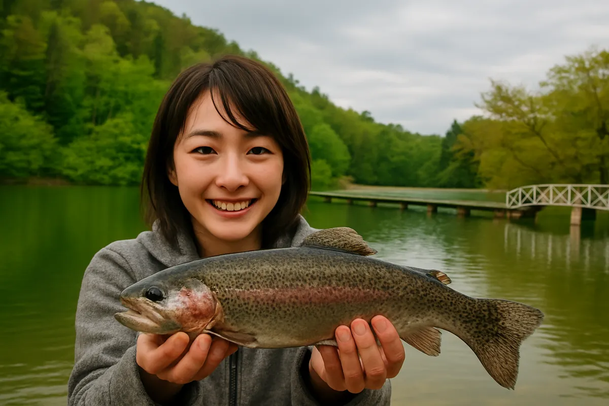 フィッシャーリゾート庄原でニジマスの釣果を得た西岡.webp