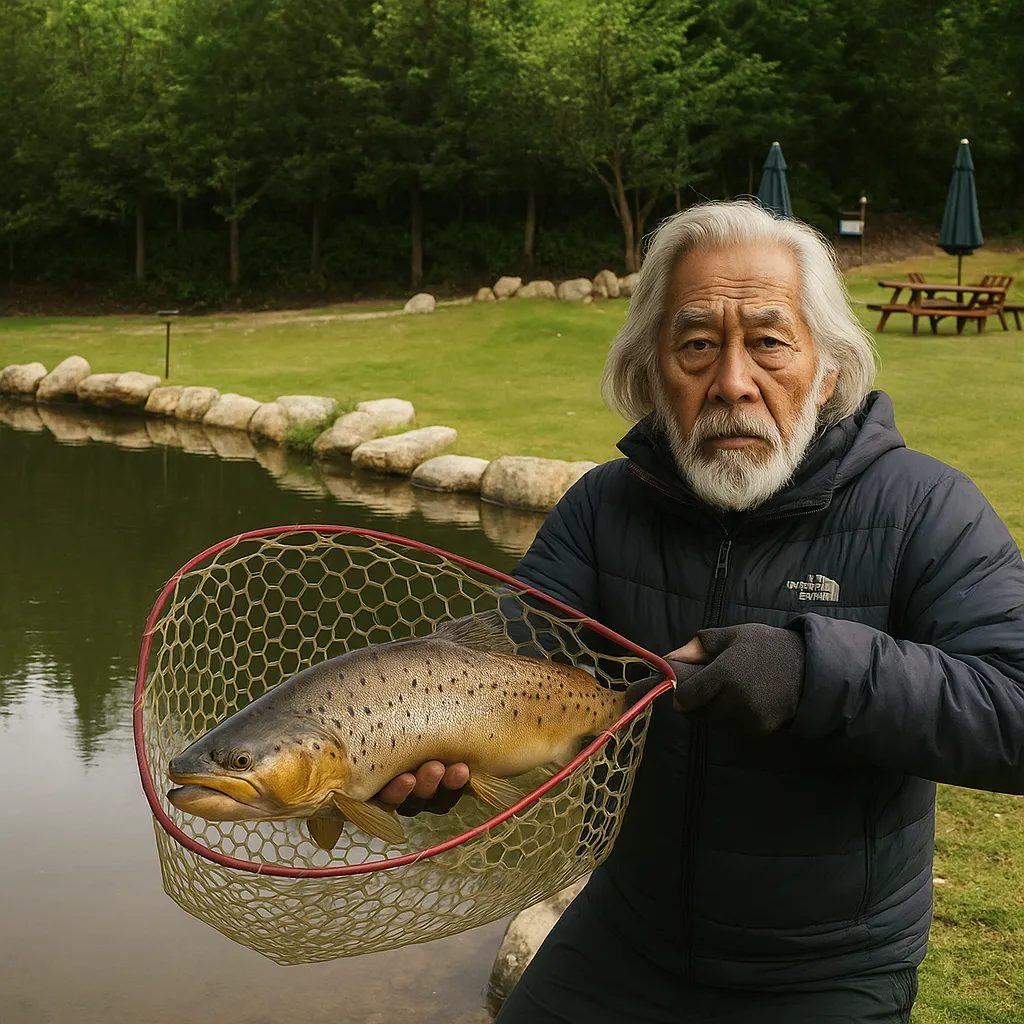 フィッシャーリゾート庄原でブラウントラウトの釣果を得た米田.webp