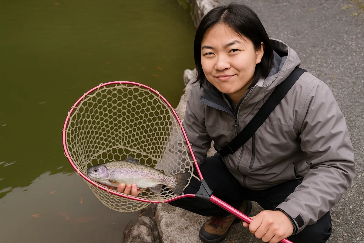 フィッシングエリア帝釈でニジマスの釣果を得た女性.webp