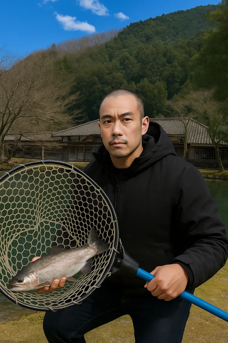 フィッシングリゾート上永野でニジマスの釣果を得たがんだま君.webp