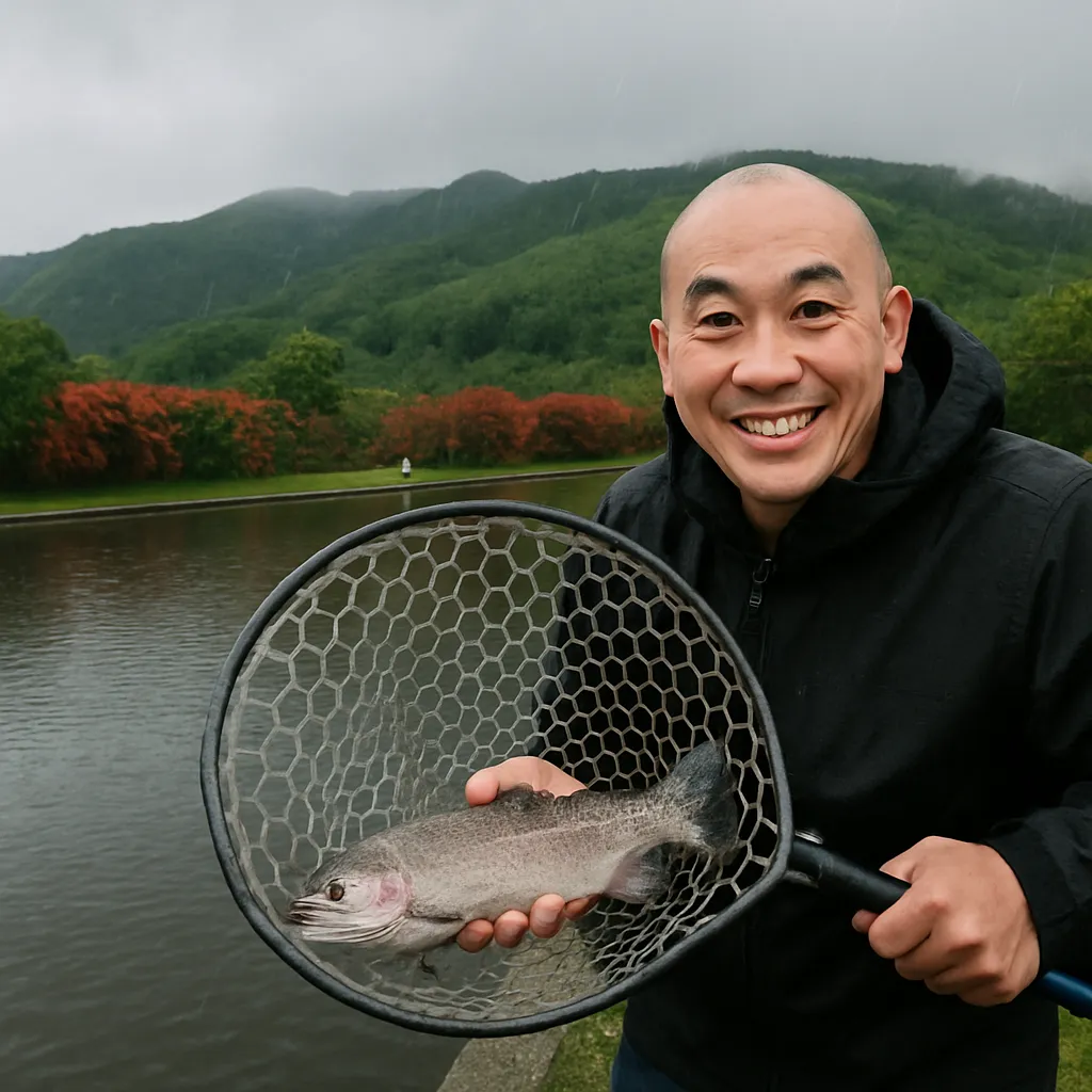 ブリーズでニジマスの釣果を得たがんだま君.webp