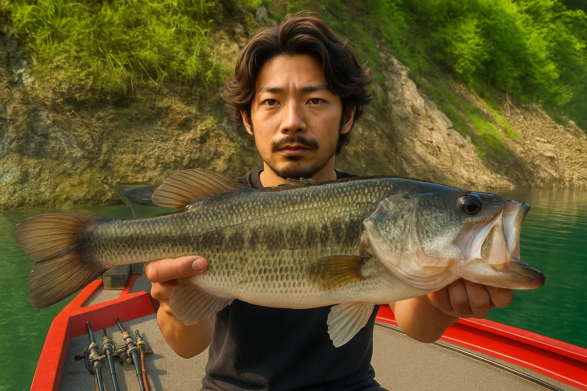 七川ダムでブラックバスの釣果を得た澤田.webp