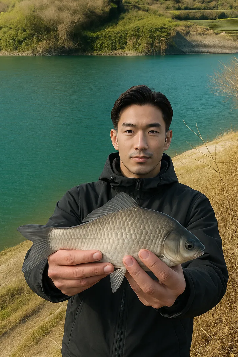 七曲調整池でヘラブナの釣果を得た勝田.webp